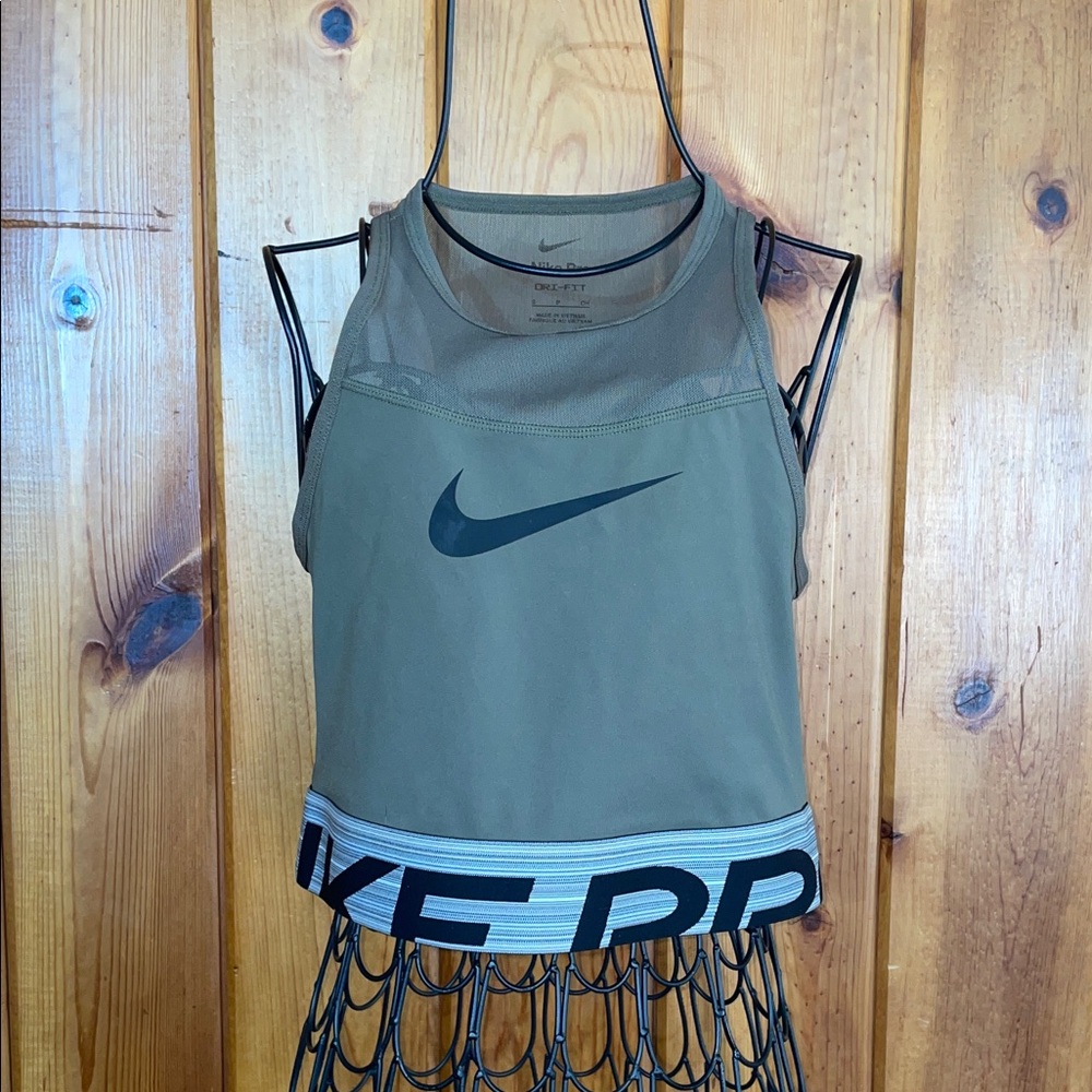 Olive Green Sports Tank Womens-Nike Pro Graphic Cropped Athletic Training Tank - Picture 2 of 6